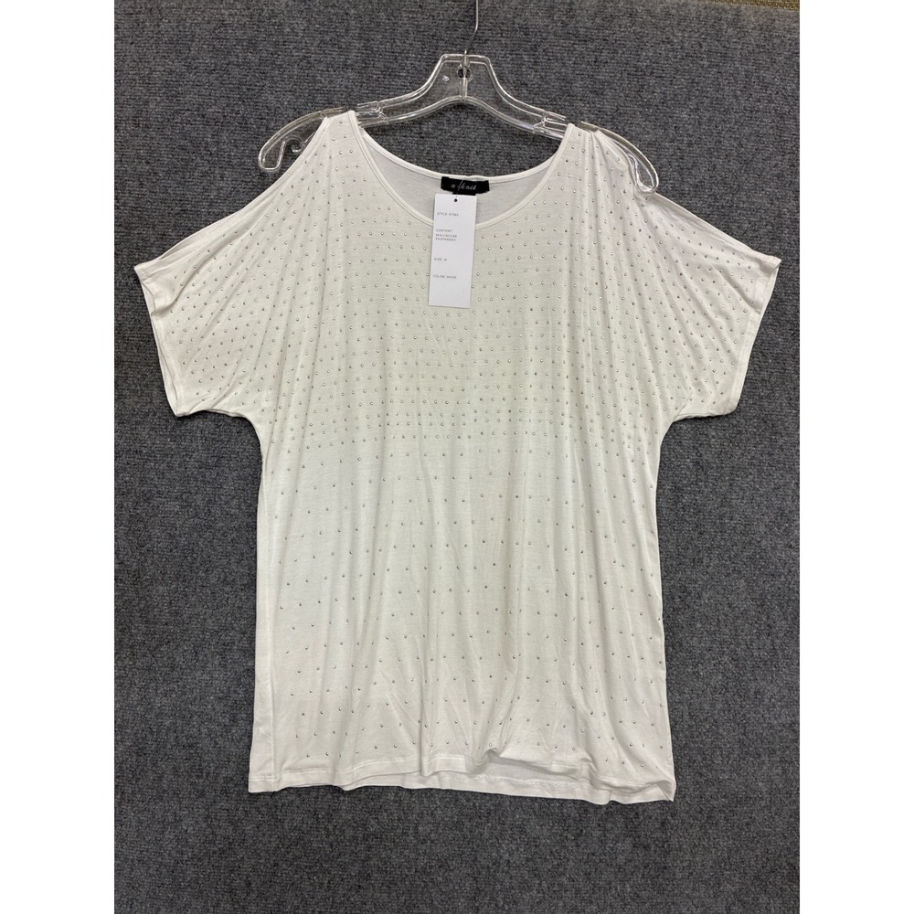 U-Knit White Cold Shoulder Studded Top Short Sleeve Viscose Blend Size M NWT